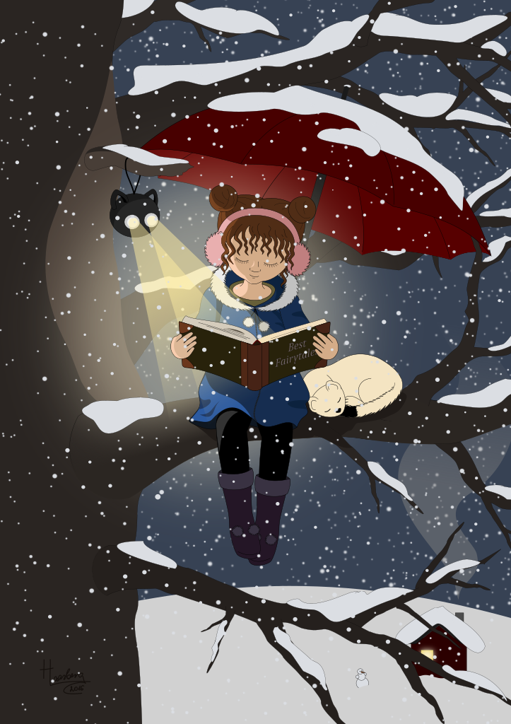 Reading in the Tree girl stoat illustration Inkscape